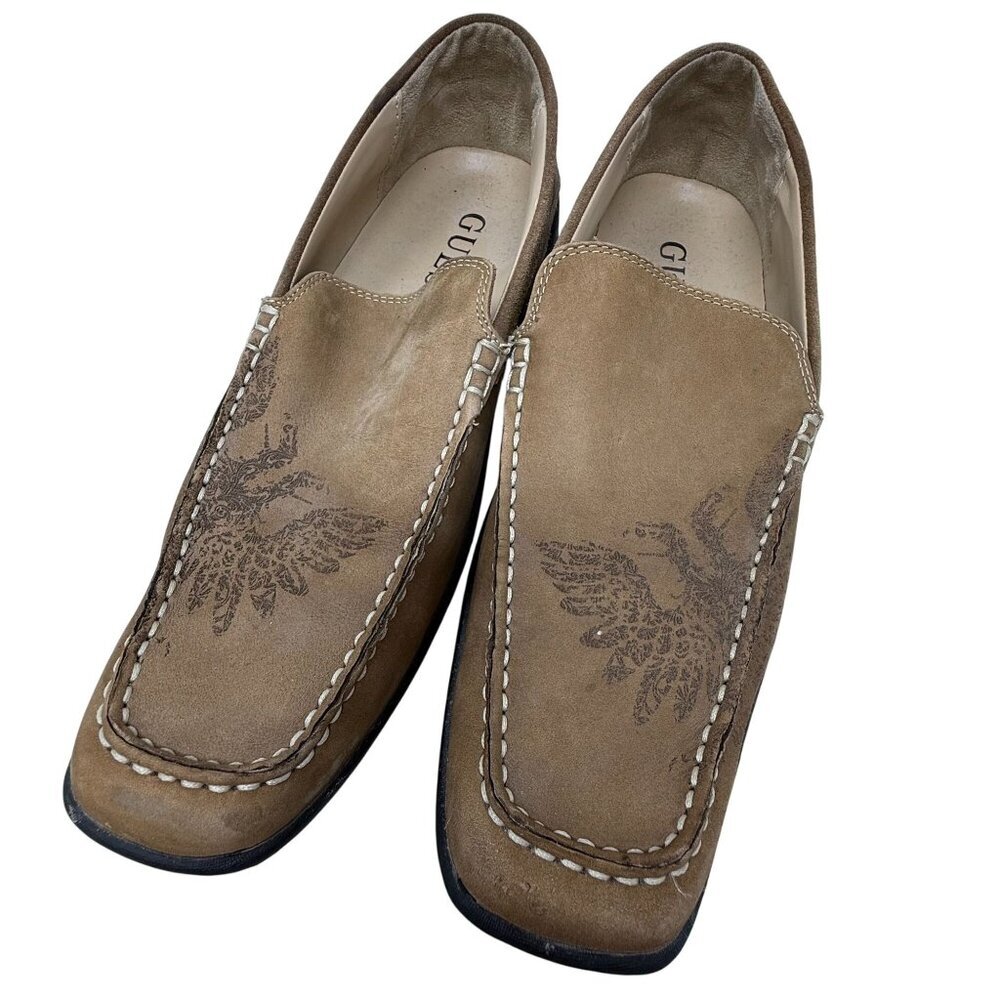 Mens Guess Brown Suede Driving Loafers 2 Head Dragon Bird Slip-On Cedric Size 10